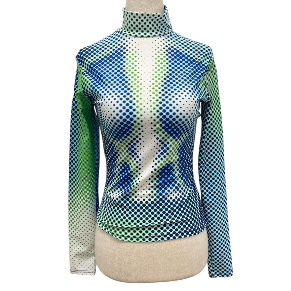 Sinead Gorey Digitally Printed Long Sleeve Mock Neck Blue Green Top